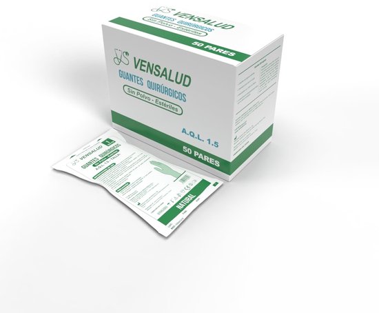 Doos met 50 paar VENSALUD steriele poedervrije chirurgische handschoenen, met losse verpakking.