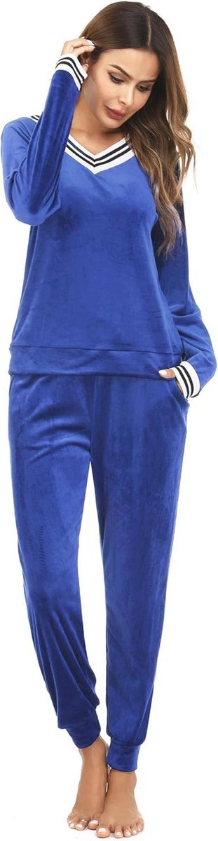 Irevial Nicki velours huispak, voor dames, lange winter, zachte pyjama, pak, set, tweedelig flanel, trainingspak, bovendeel en broek met zakken