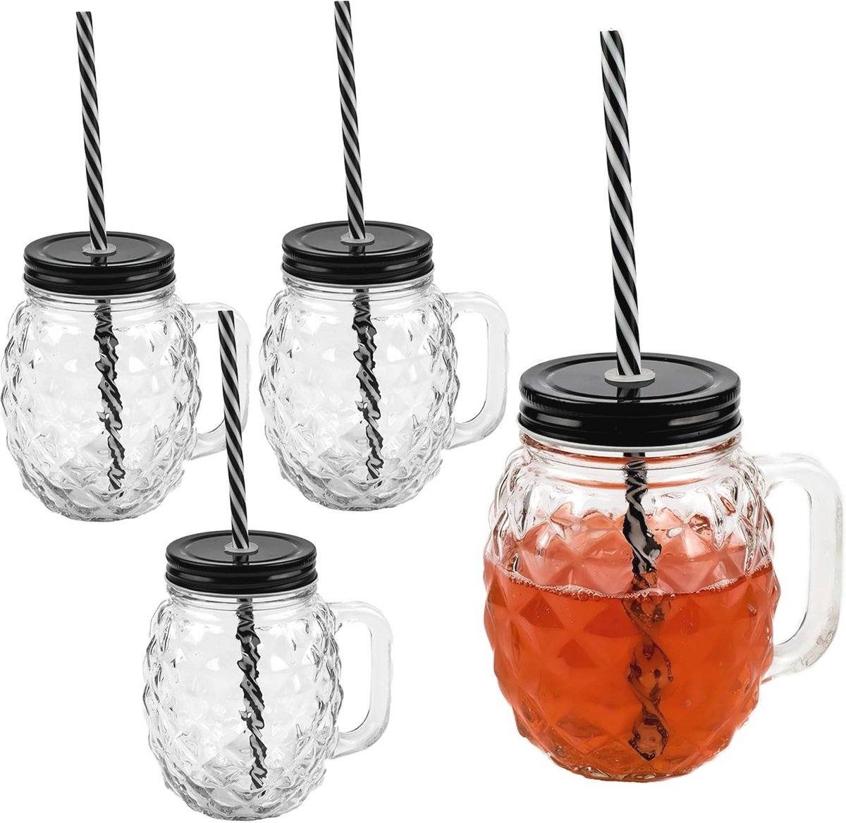 3D Ananas Drinkglazen Set van 4 - 450ml met Deksel en Rietje