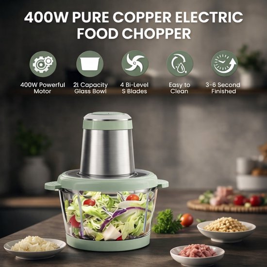 Elektrische Hakmolen - Food Chopper - Mini Keukenmachine - Vleesmolen - Groentehakker - Uiensnijder - Knoflookhakker - Notenmaler - Kruidenmolen - 2L Glazen Kom - 4 RVS Messen - 2 Snelheden - 400W - Veiligheidsslot - Groen — afbeelding 5