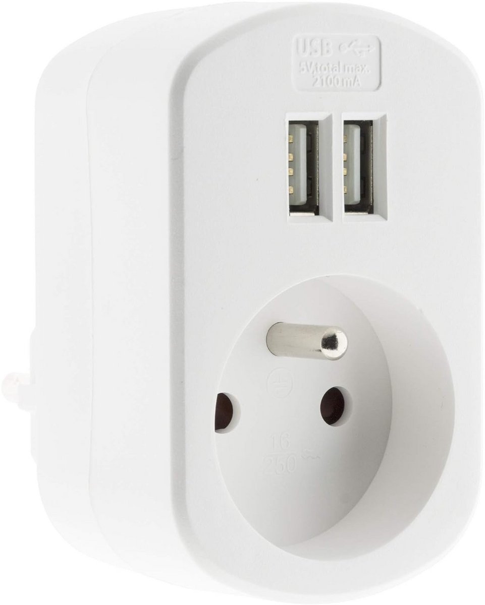 Stopcontact 16 A 2P+T met 2 x USB-poorten 2,1 A - Wit