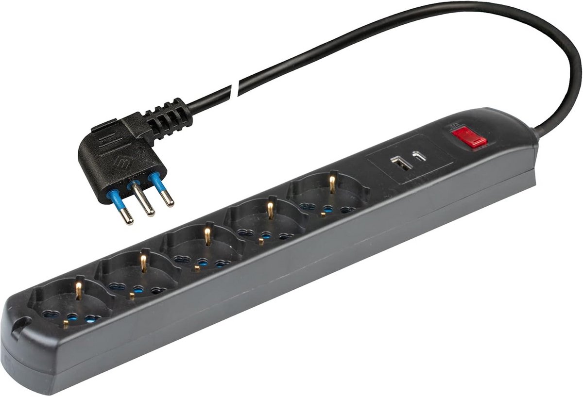 5-weg stopcontact met USB-poorten - 10/16A meervoudige stekker zwart