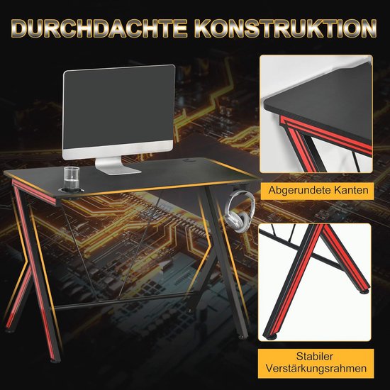 Ergonomische Gamingtafel met Bekerhouder en Koptelefoonhaak - Zwart 105 x 55 x 75 cm van Merkloos — afbeelding 2
