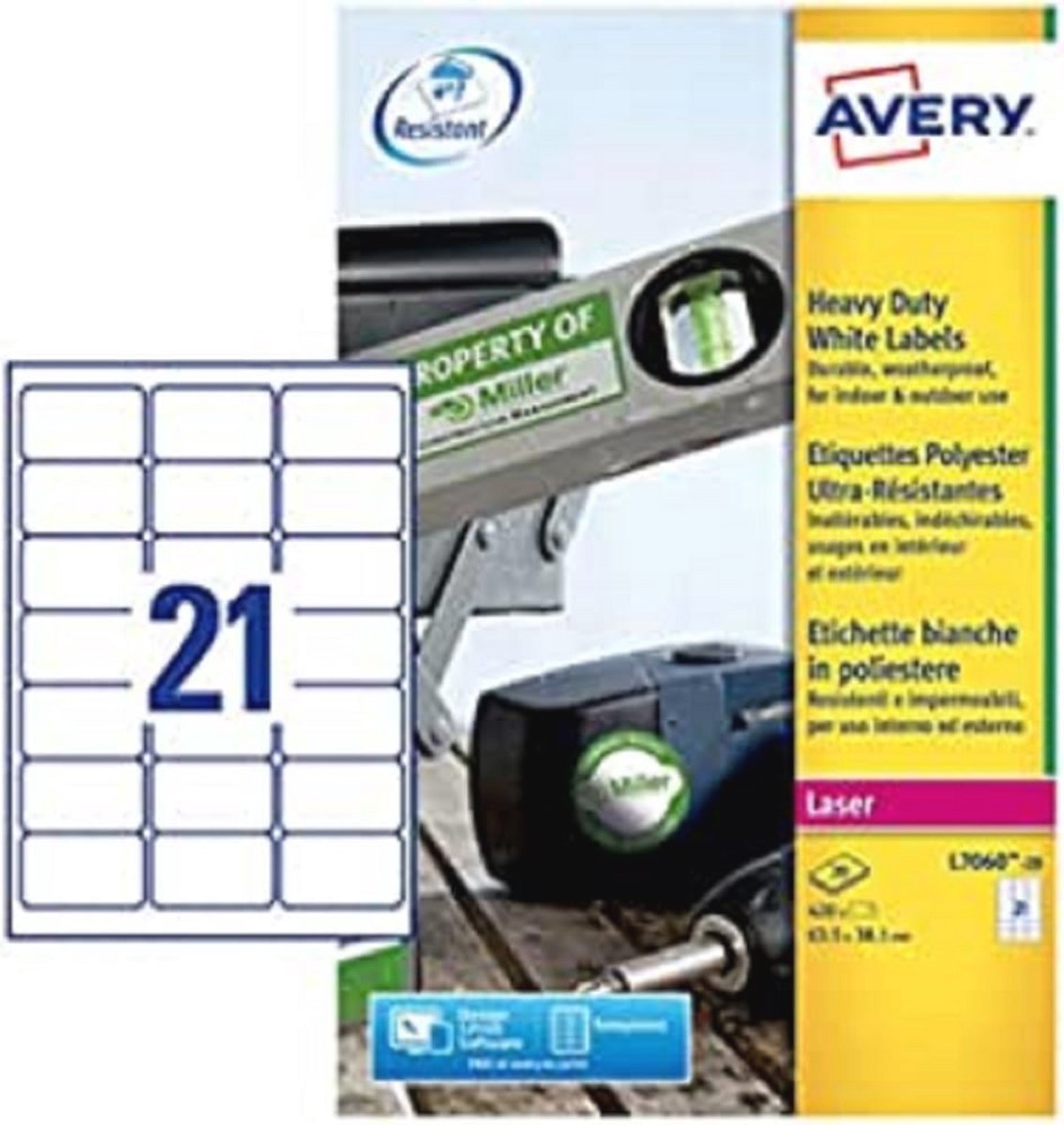 Weerbestendige, afdrukbare, zware labels - 63,5 x 38,1 mm, wit, 21 etiketten per vel