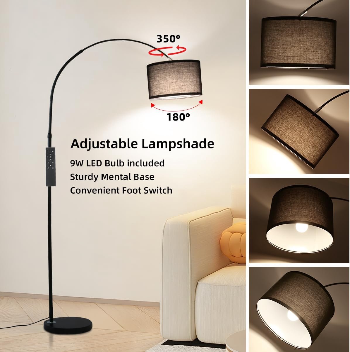 Booglamp met Afstandsbediening – Dimbare Vloerlamp met LED E27, Zwarte Design Booglamp met Stoffen Kap (33 cm) – Verstelbare Arm, Kleurtemperatuur 2700–6500K, Voetschakelaar – Vintage & Moderne Woonkamerlamp