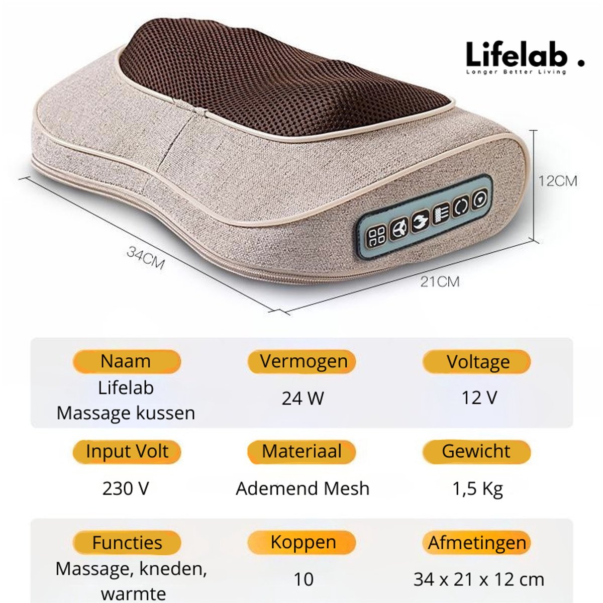 LifeLab Shiatsu Massagekussen met Warmtefunctie - afbeelding 3