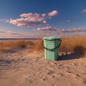 Groene campingtoilet emmer met deksel en handvat, staand op het zand op het strand bij zonsondergang.