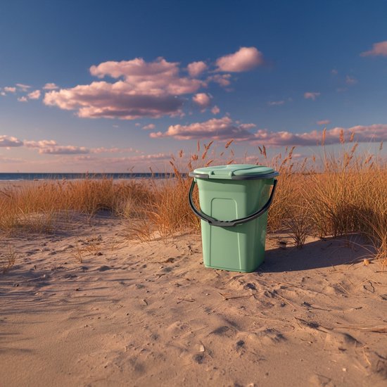 Groene campingtoilet emmer met deksel en handvat, staand op het zand op het strand bij zonsondergang.
