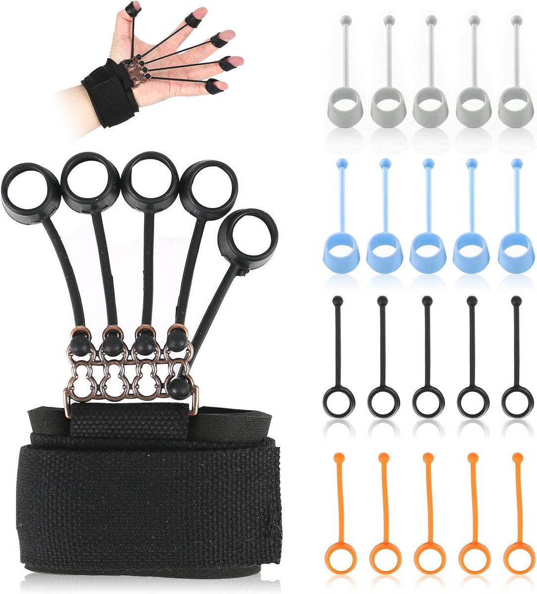 Vingertrainer met Weerstandsbanden - 4-in-1 Handgreepversterker voor Vermogen en Rehabilitatie