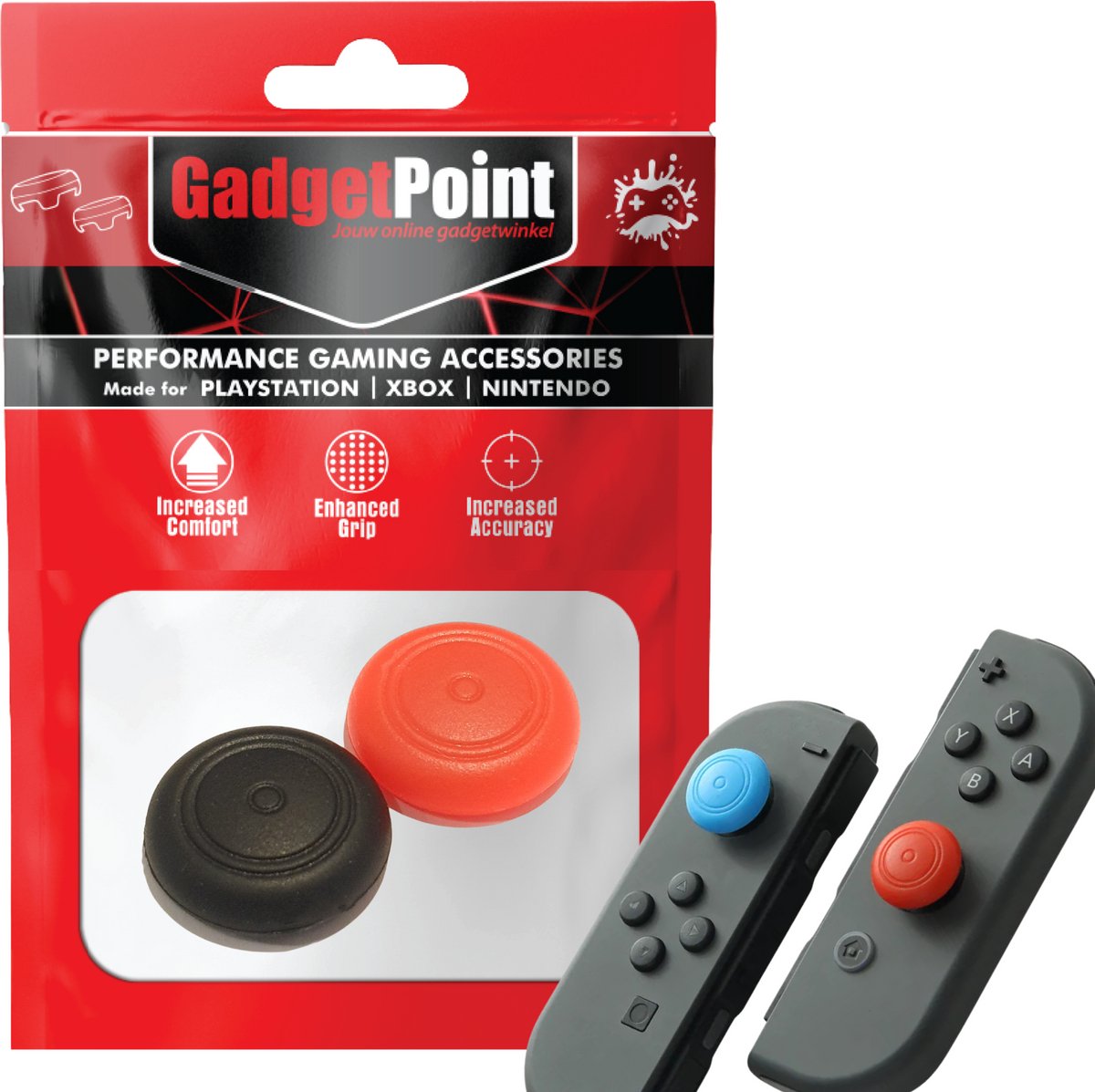 Gadgetpoint - Thumb Grips voor Nintendo Switch Joy-Con Controllers - Gaming Thumbgrips - Performance Anti-Slip Thumbsticks - Bescherming Accessoires - Thumbgrips Zwart/Rood