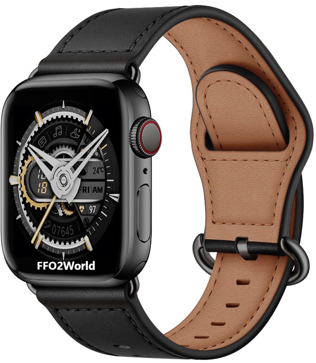 Stravo Luxe Leren bandje Geschikt voor Apple Watch 42mm (Series 12/11/10) , 41mm (Series 9/8/7), 40mm (Series 6/5/4, SE 1/2/3) - Luxe Connector met Leather Horlogeband - Leer - Zwart