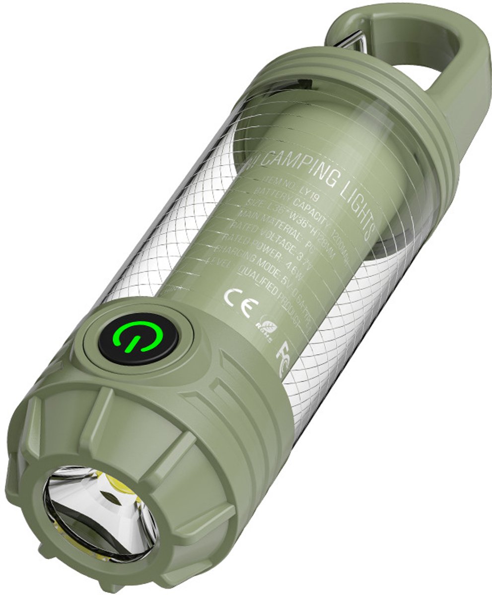 LED-kampeerlamp, zaklamp, oplaadbaar, helder, draagbaar, kampeerlamp met rood licht, 6 verlichtingsmodi, buiten-tentnachtlamp geschikt voor orkanen, wandelen, avondwandelingen, noodgevallen, donkergroen