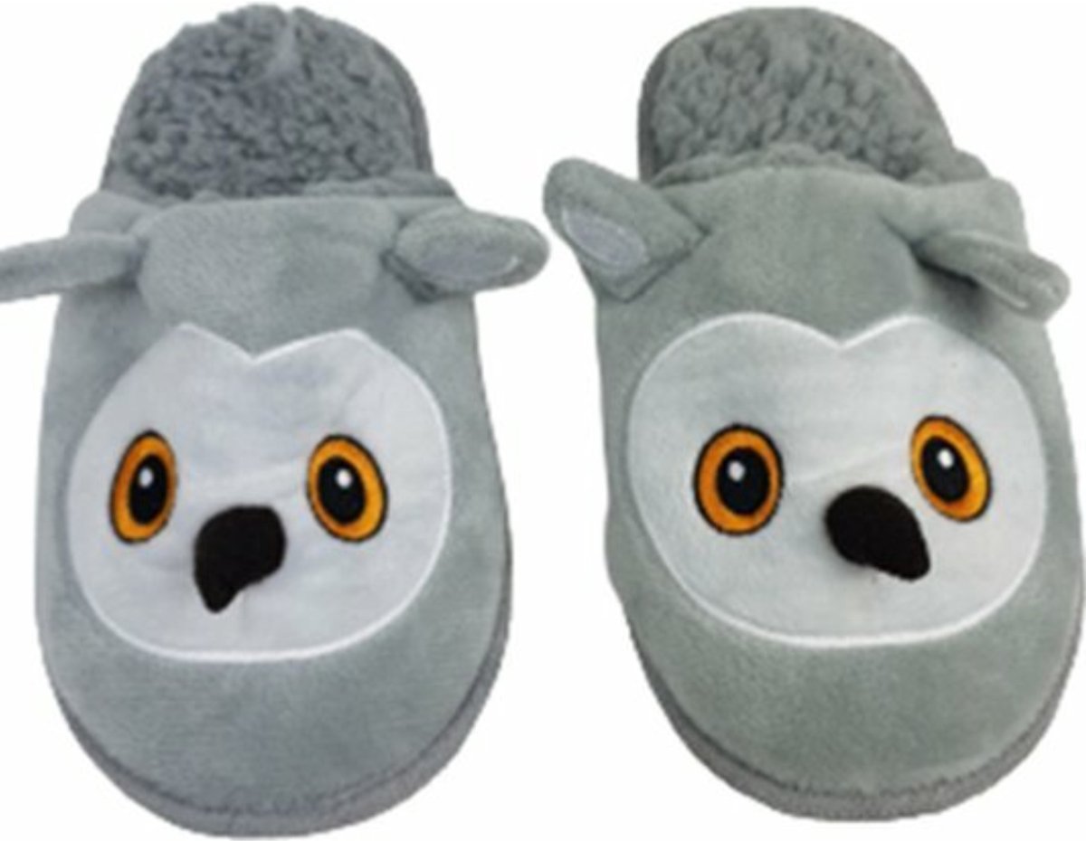 Schattige pantoffels Uil - Grijs / Wit / Geel - Polyester / Kunststof - Maat 32-33 - Winter - Sloffen