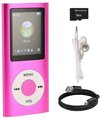 Roze MP3-speler met 1,8-inch LCD-scherm, menuknop en volumeregelaar. Inclusief oortjes, USB-kabel en 32GB SD-kaart.