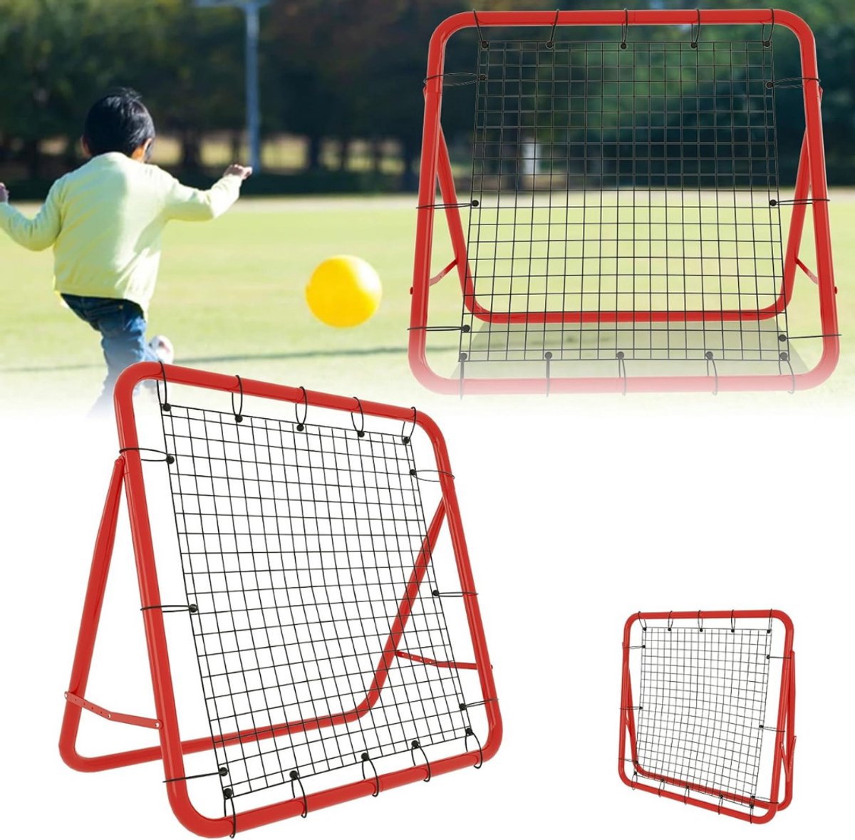 VIN® Rebounder voetbal - Rebounder – Stuitbaltrainer – Verstelbaar – 5 Standen – Bouncer – Trainingsmateriaal - 100 x 100 x 65 cm - Rood