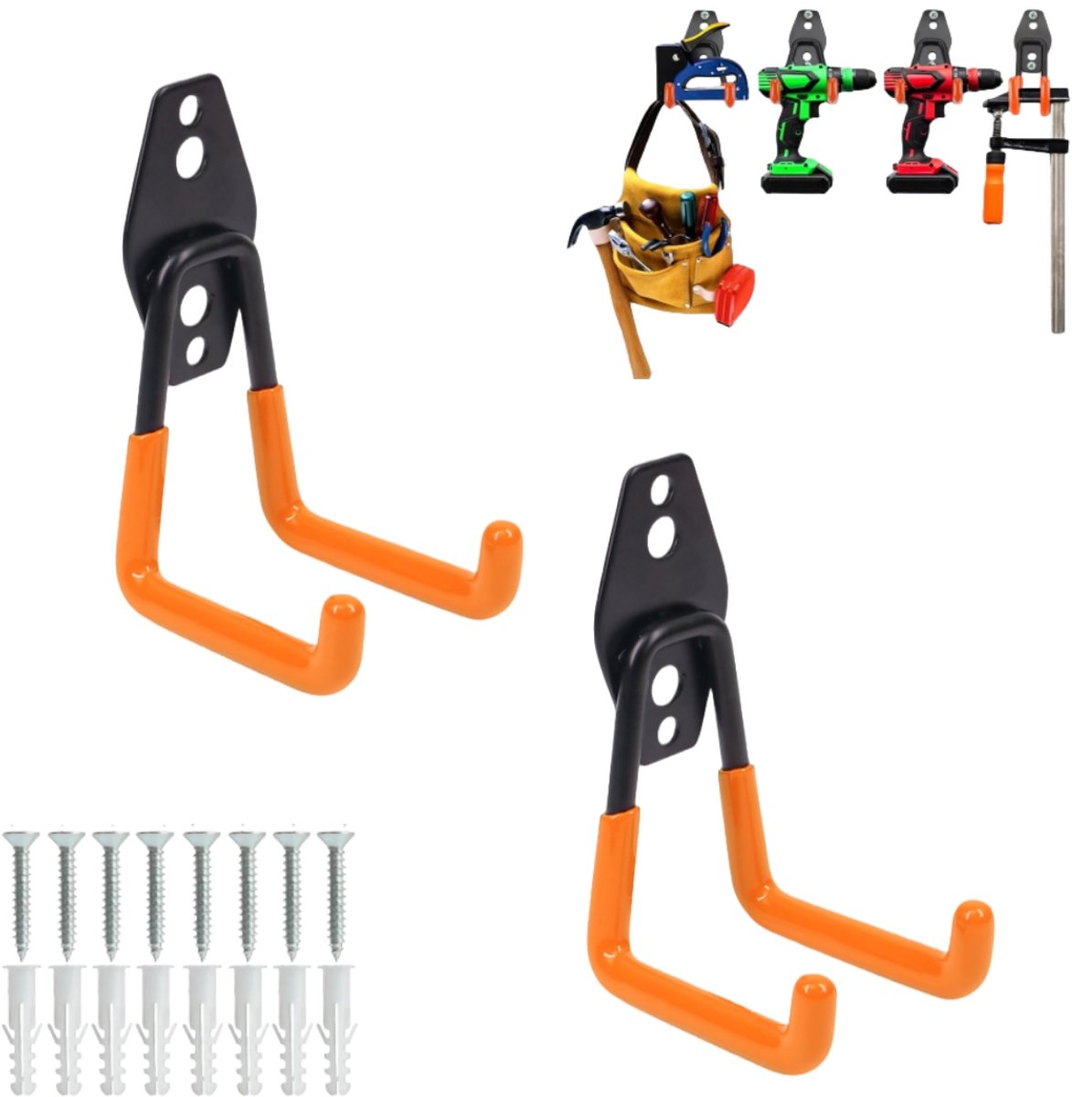 2-delig - Muurhaken - Garage-opberghaken - Metalen garage-opberghaken - Multifunctioneel gereedschapsrek - Muurbevestiging - Kan worden gebruikt om ladders, fietsen, tuingereedschap en ski's op te hangen - Klein U-vormig - Oranje - 6,5*7,5*11 cm