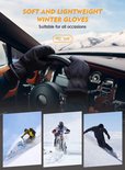 Persoon in een auto met zwarte winterhandschoenen. Onderste afbeeldingen tonen skiën, motorrijden en snowboarden.