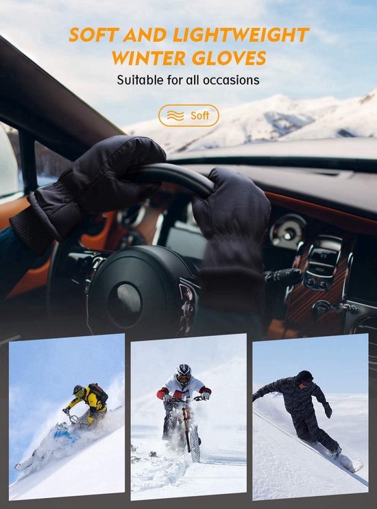 Persoon in een auto met zwarte winterhandschoenen. Onderste afbeeldingen tonen skiën, motorrijden en snowboarden.