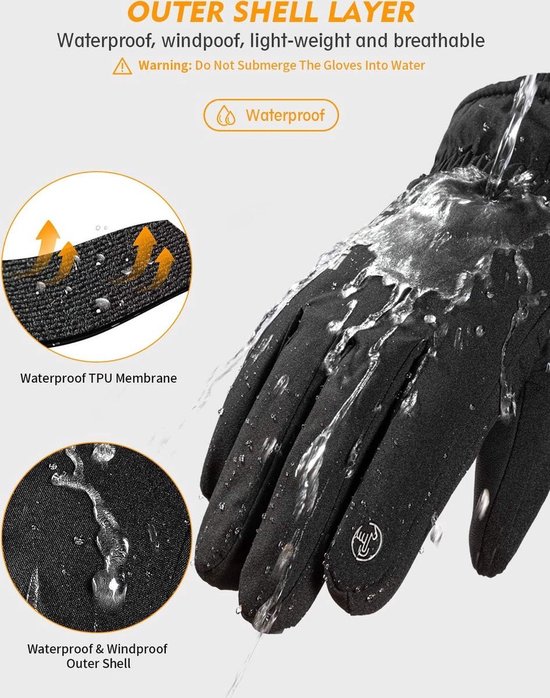Zwarte handschoenen met waterstraal, die de waterdichte en winddichte TPU-membraan en buitenlaag tonen.