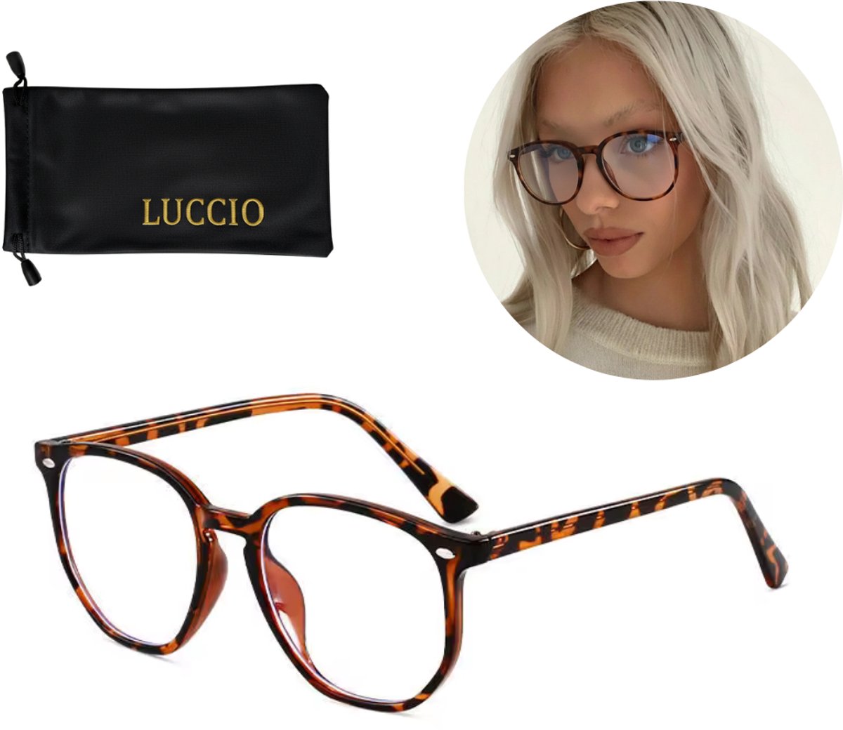LUCCIO Blauw Licht Bril - Blue Light Glasses - Blauw Licht Bril Zonder Sterkte - Beschermend - Blue Light Blocking Glasses - Rond montuur - Panterprint