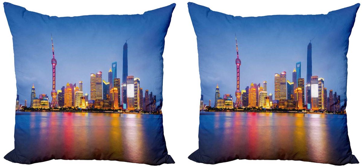 ABAKUHAUS Stads Kussenhoes – 2x50x50 cm – Shanghai Skyline – Dubbelzijdig Blauw