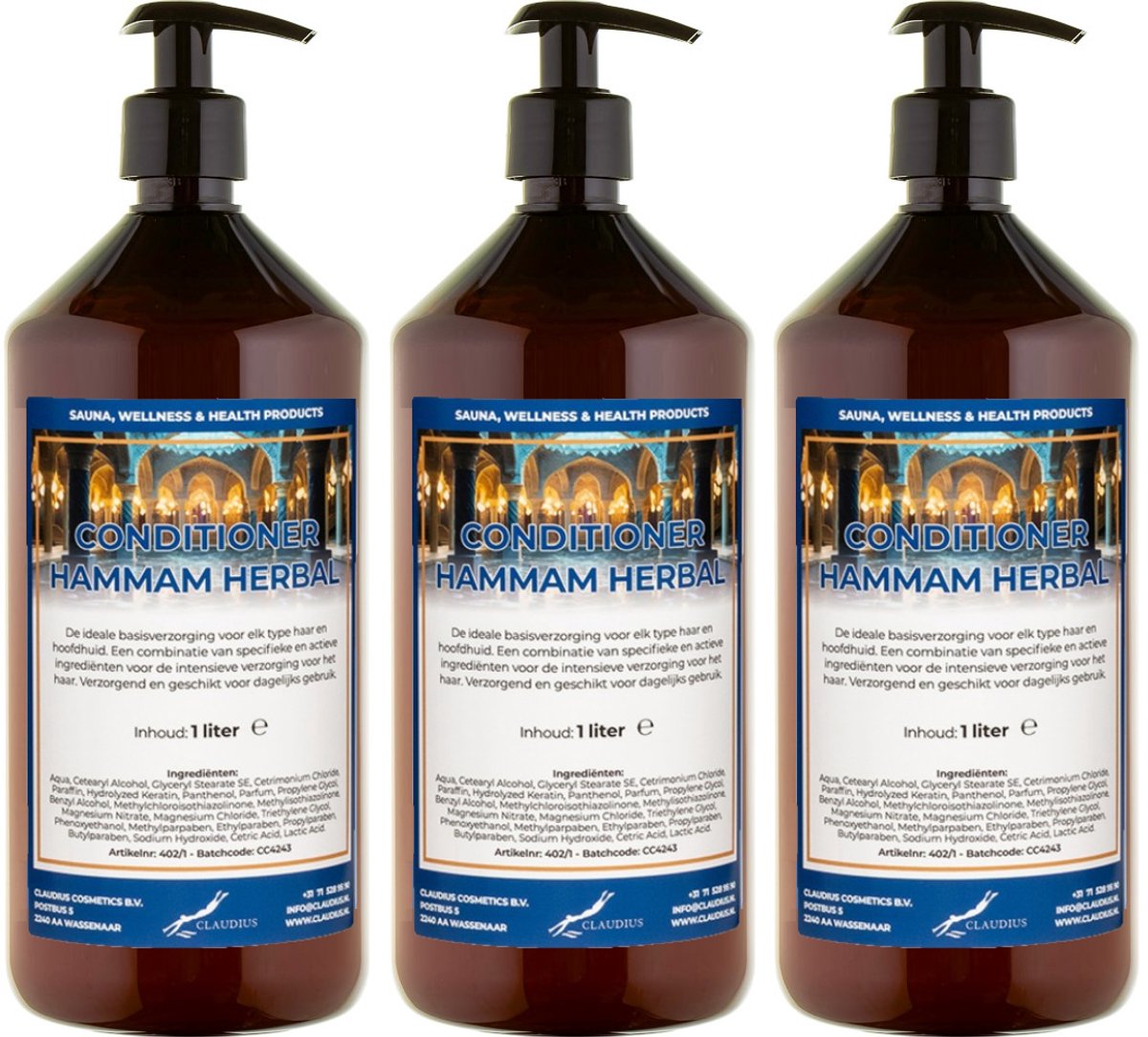 Hairconditioner Hammam Herbal 1 liter met 3 zwarte pompen - set van 3 stuks