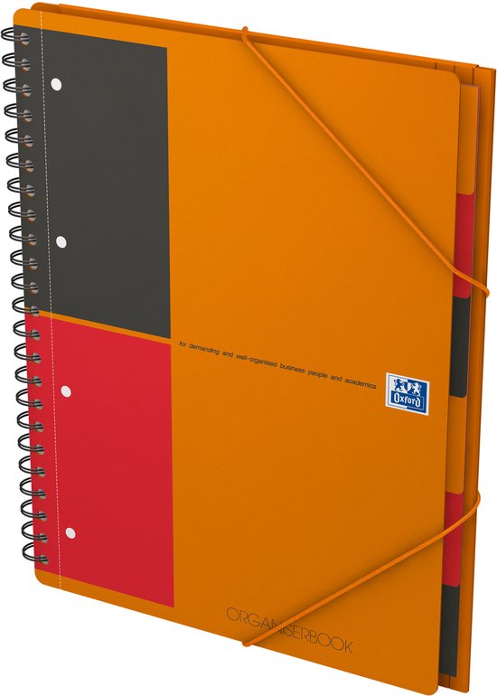 Oranje organizerbook met elastische band, met donkergrijze en rode vlakken aan de linkerzijde en het Oxford logo.