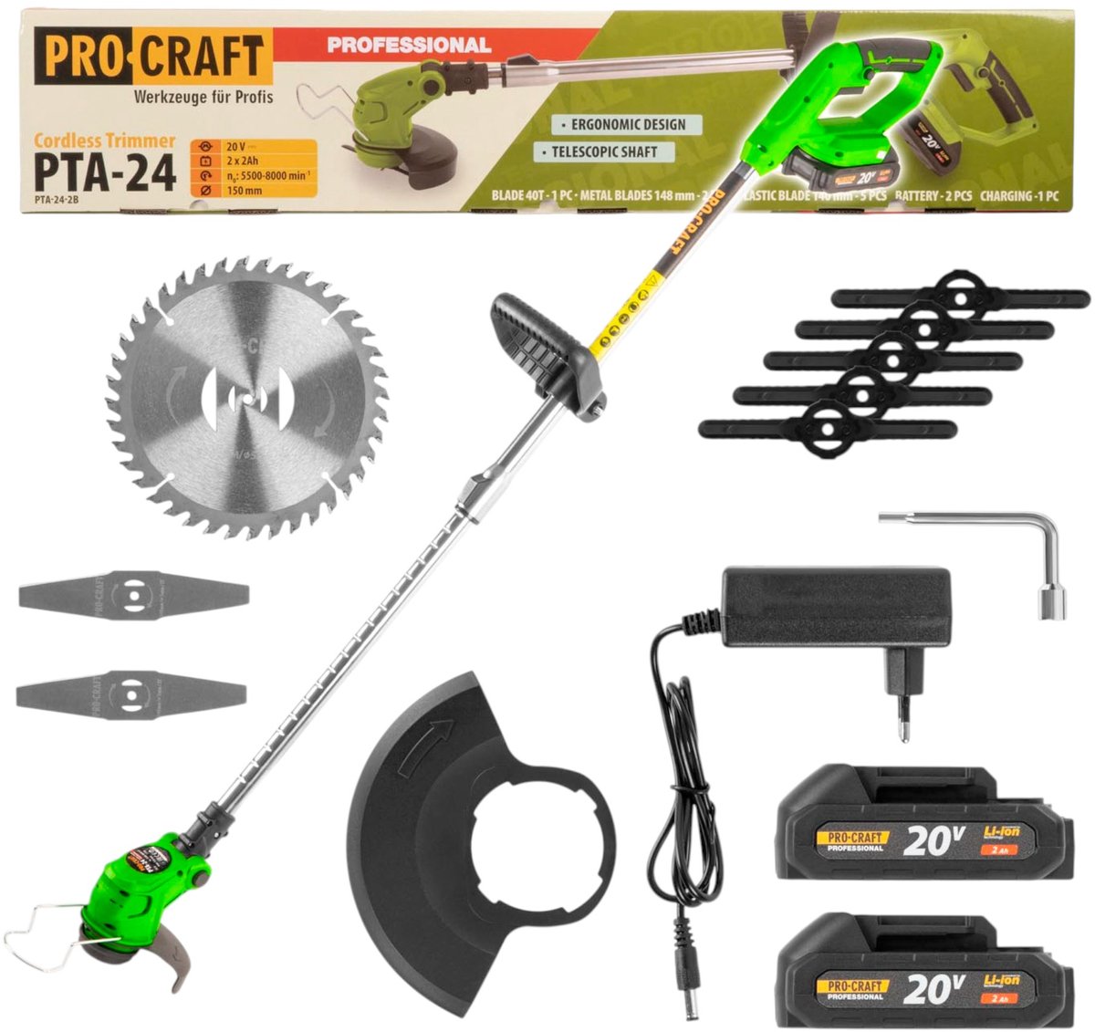 Procraft PTA24 accutrimmer 20 V 150 mm + 2x accu 2,0 Ah + oplader