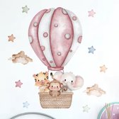 Muursticker 'Animaux dans Ballon' - Rose - 61x67 cm - PVC autocollant - Chambre de bébé - Chambre d'enfant - Fille - Ballon - Tigre - Singe - Éléphant