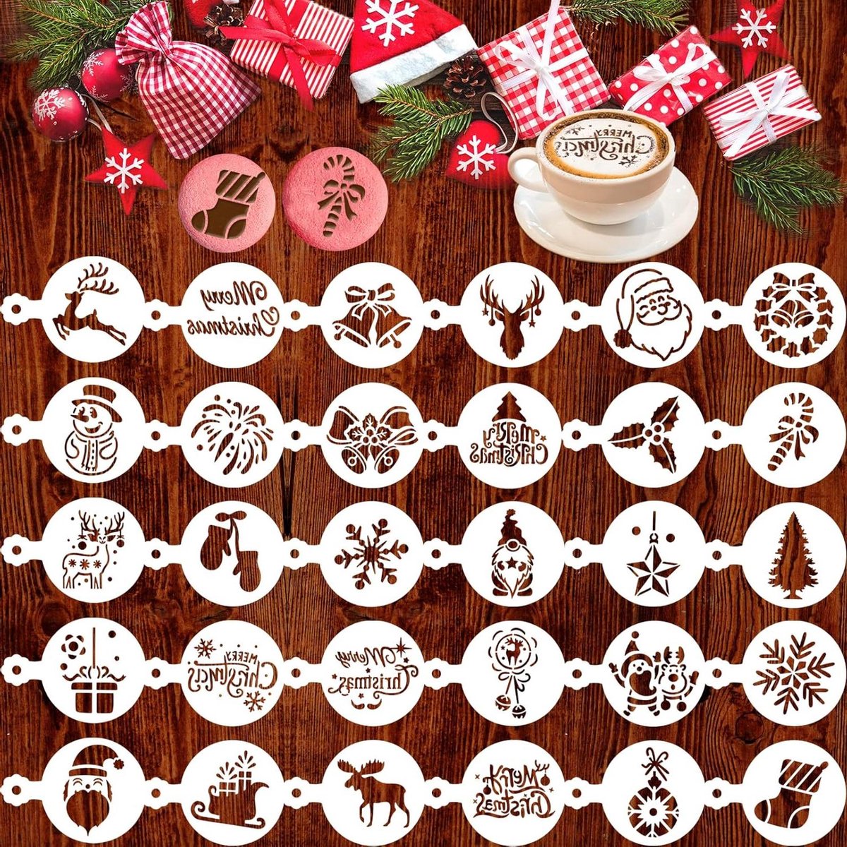 Cosensi - Kerst Koekjes Stencil Set voor Bakken en Decoratie - Xmas Party Thema - Fondant en Koffie - Kerstman, Kerstboom, Sneeuwvlok en Bel Ontwerpen - Plastic Schilder Sjablonen - Set van 30 stuks