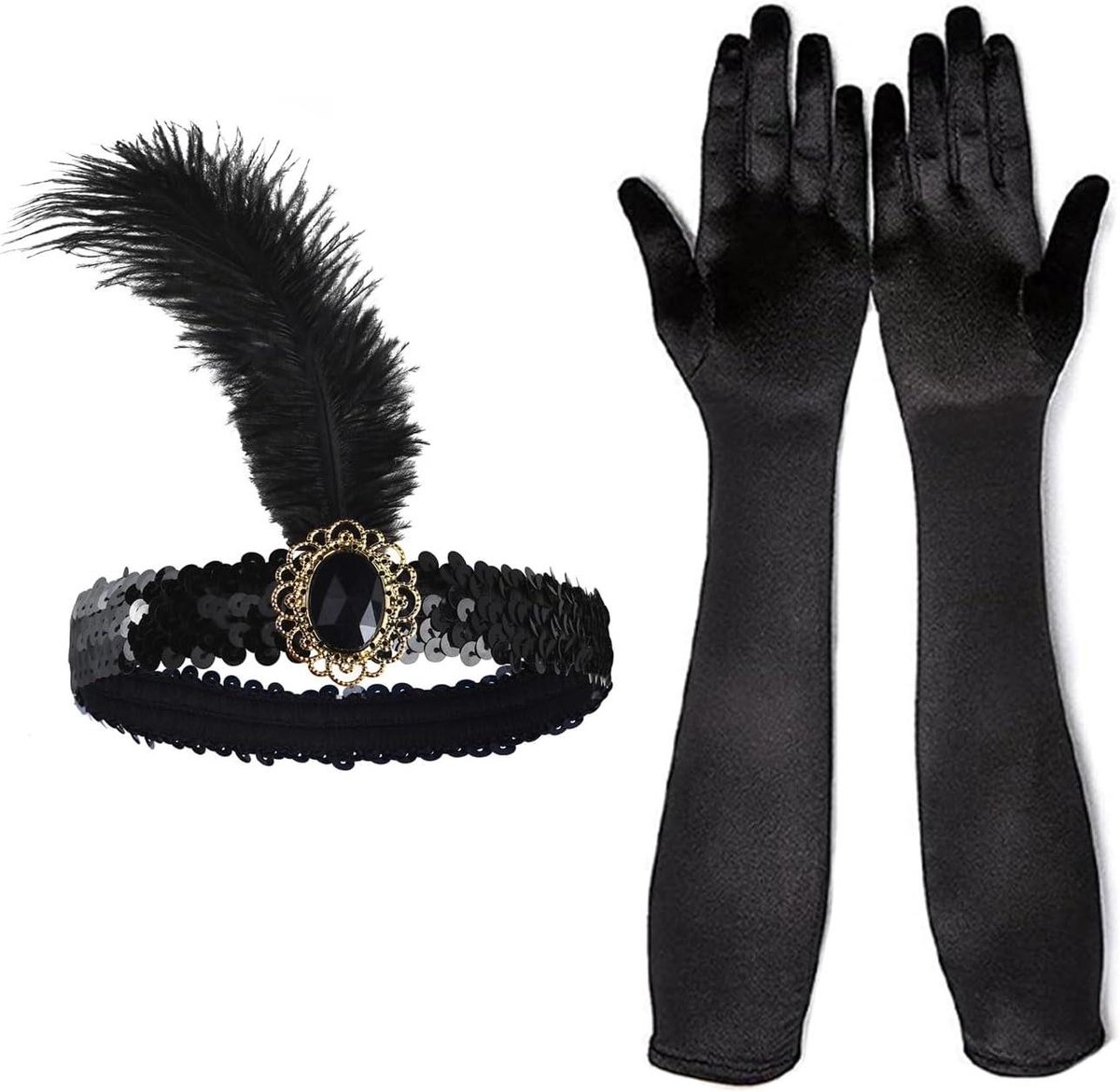 Cosensi - Set met kostuumaccessoires, hoofdband met veren en lange satijnen handschoenen voor vrouwen - Jaren 20 Gatsby-accessoireset - Feestelijk opera avondthema - Verkleedpartijen voor dames.
