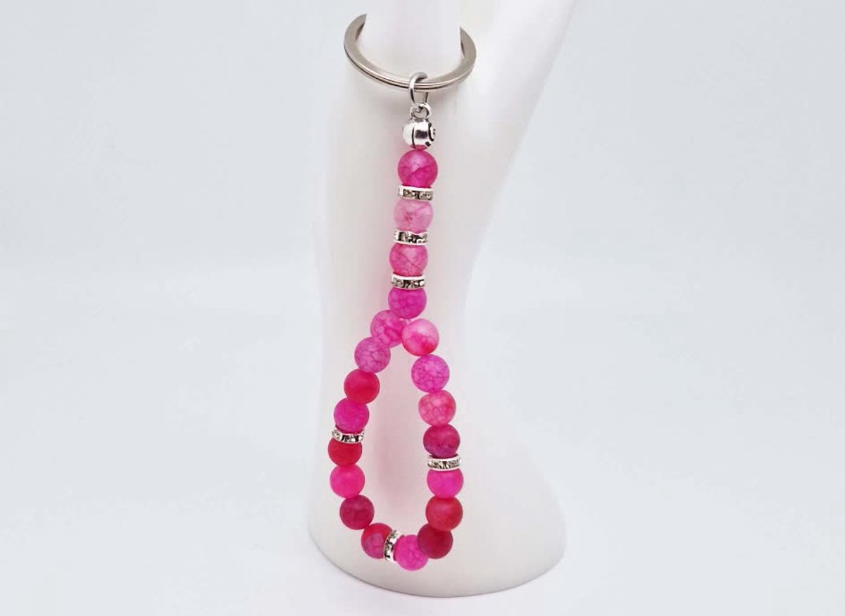 Handgemaakte Tasbih sleutelhanger van natuursteen " Banded Agaat Magenta Roze" en metaal - diameter kralen 8mm - Aantal stenen 20 - Een mooi cadeau-idee en een bijzonder aandenken
