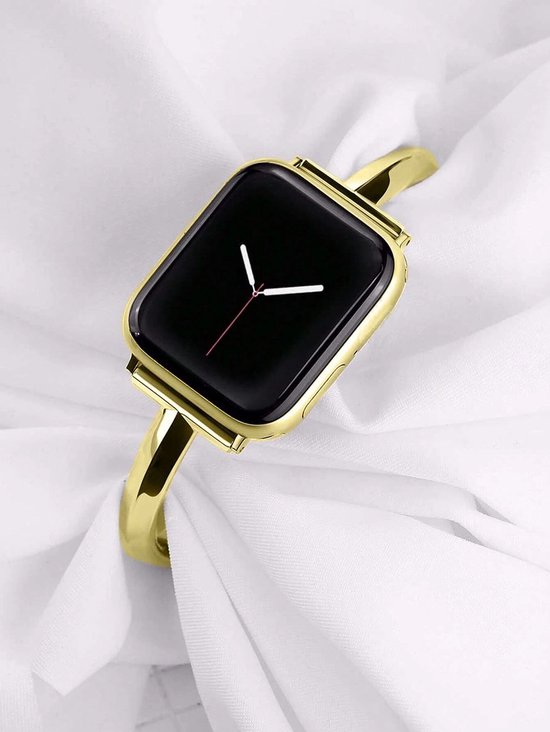 Gouden Apple Watch bandje, open gebogen armbandstijl op witte stof.