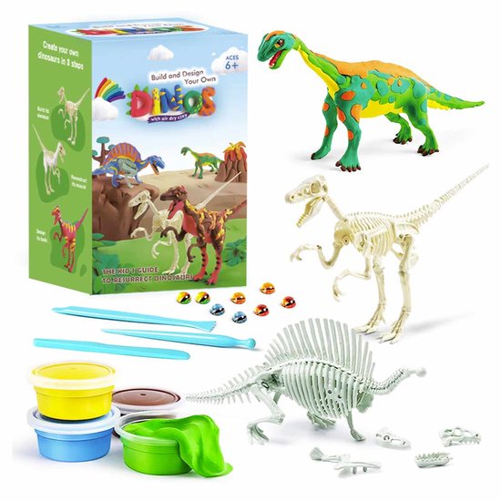 Meedeer DIY Superlichte kleiset met dinosaurussen-klei Dinosaur Kit-Luchtdroge klei voor kinderen met 15 klei-3dino skeletten en googly ogen-creatief knutselen, cadeaus en speelgoed voor jongens en meisjes