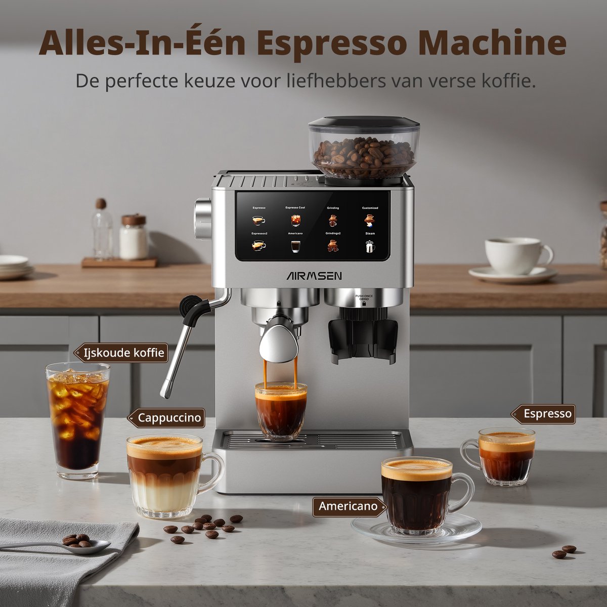 AIRMSEN Espressomachine - Met Ingebouwde Bonenmaler - 20 Bar - Stoomstaf - RVS - Touchscreen - Americano & Latte - Zilver — afbeelding 2