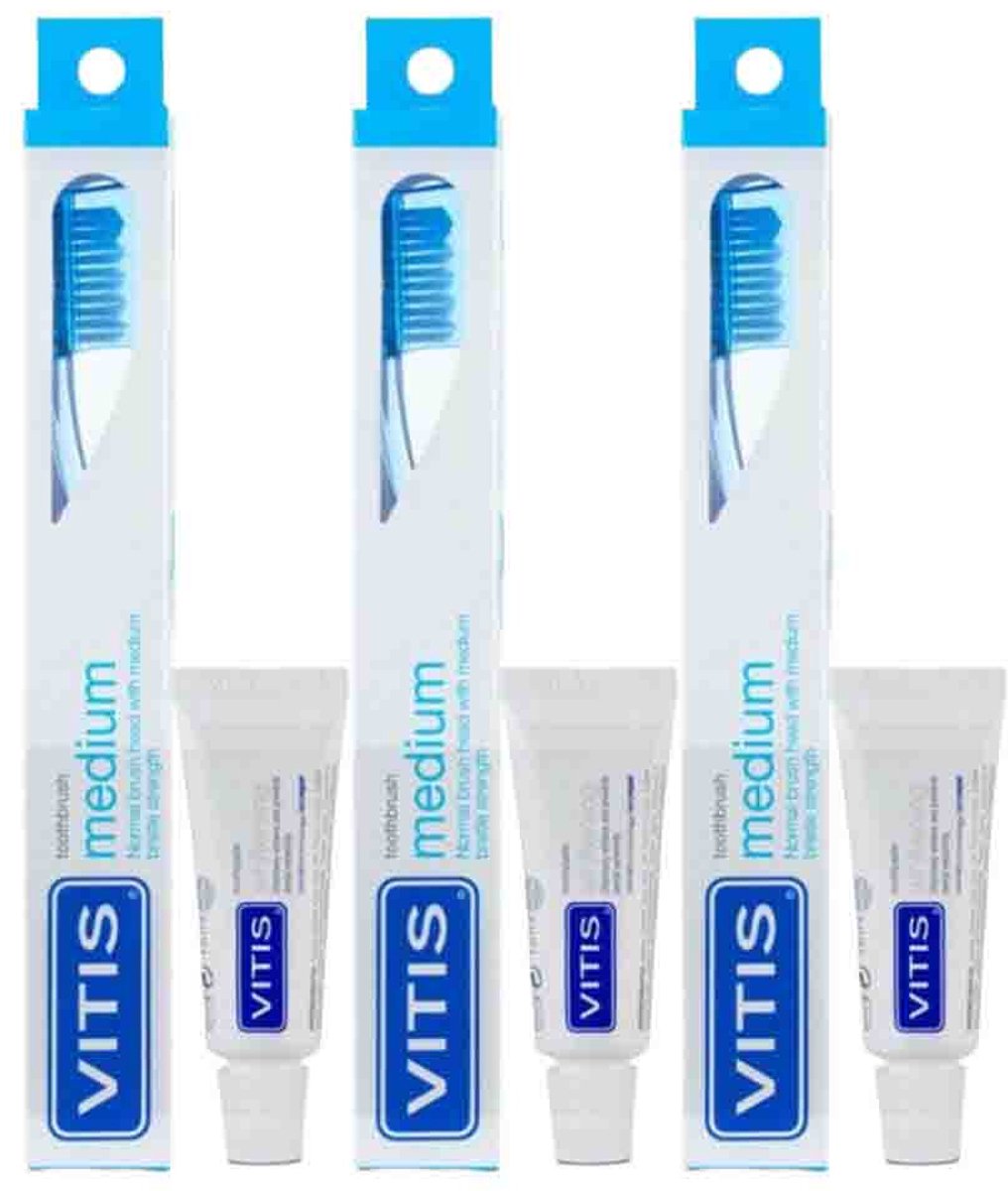 Vitis Tandenborstel + Mini Tandpasta Whitening - 3 x - Voordeelverpakking