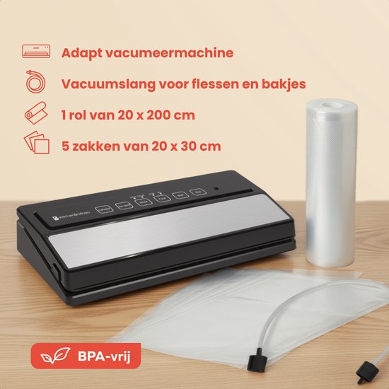 KitchenBrothers Vacumeermachine Adapt - 12L/min - Vacuüm Sealer - BPA-vrij - 6 Standen - Incl. 2m Folierol, 5 Vacumeerzakken en Vacuumslang