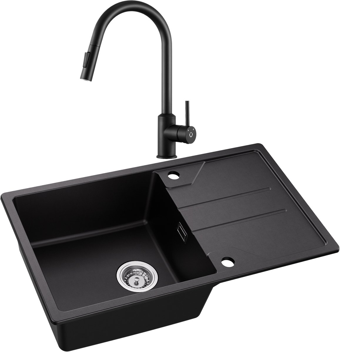 DERW MAX Granieten Spoelbak voor keuken 78x45cm - Enkele Spoelbakken Met Keukenkraan - Onderbouw Spoelbak Antraciet - Met Planchet en Waterafvoersysteem - Voor 60 cm Kast