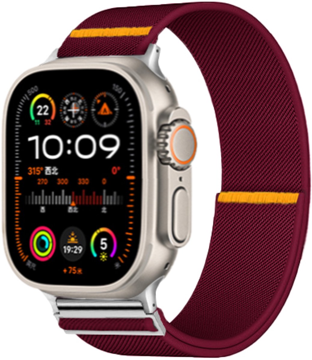 Stravo Verstelbare Nylon Solo Loop bandje Geschikt voor Apple Watch 46mm (Series 10/11), 45mm (Series 7/8/9), 44mm (Series 4/5/6, SE 1/2/3), 42mm (Series 1/2/3), 49mm (Ultra 1/2/3) - Elastisch Gevlochten Horlogeband met verstelbare gesp - Wijnrood