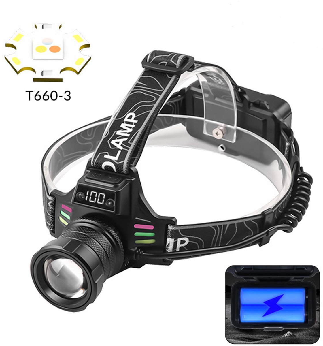 Wit licht, sterk licht, koplamp met lange straal, digitale batterij-indicator, USB-oplaadbaar, nachtvissen in de buitenlucht, koplamp met sensor, wit licht, blauw licht, geel licht, specificatie 6