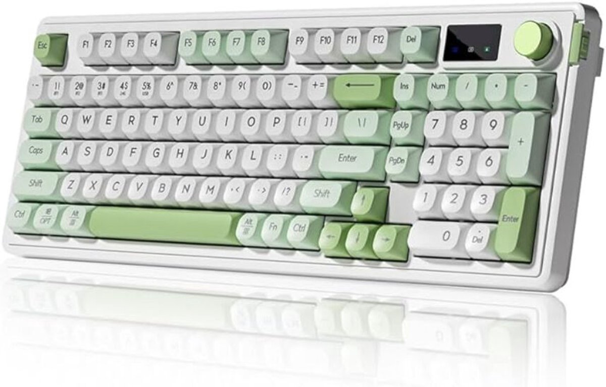 Draadloos toetsenbord met 3 modi (Bluetooth 5.1/2.4G draadloos en bedraad Type-C), RGB-membraantoetsenbord met achtergrondverlichting en draaiknop, gamingtoetsenbord (groen).