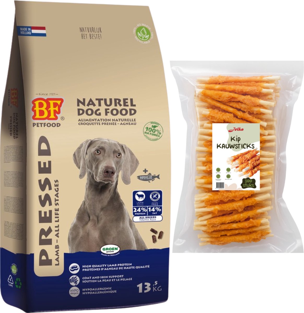 BF Petfood - Geperst Lam/Rijst Premium - 13,5 kg + Jelka gedraaide kip sticks 1KG