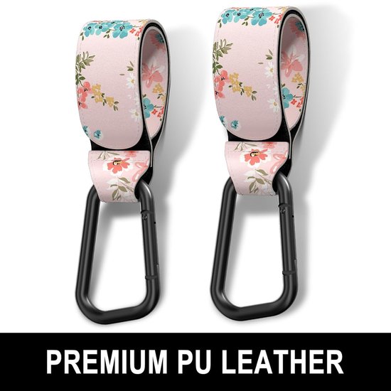 BOTC Kinderwagen tassenhaakjes - Leer - Haakjes voor tassen - Set van 2 - Leather - Extra stevig - Buggy haakjes - Roze bloem van Merkloos — afbeelding 2