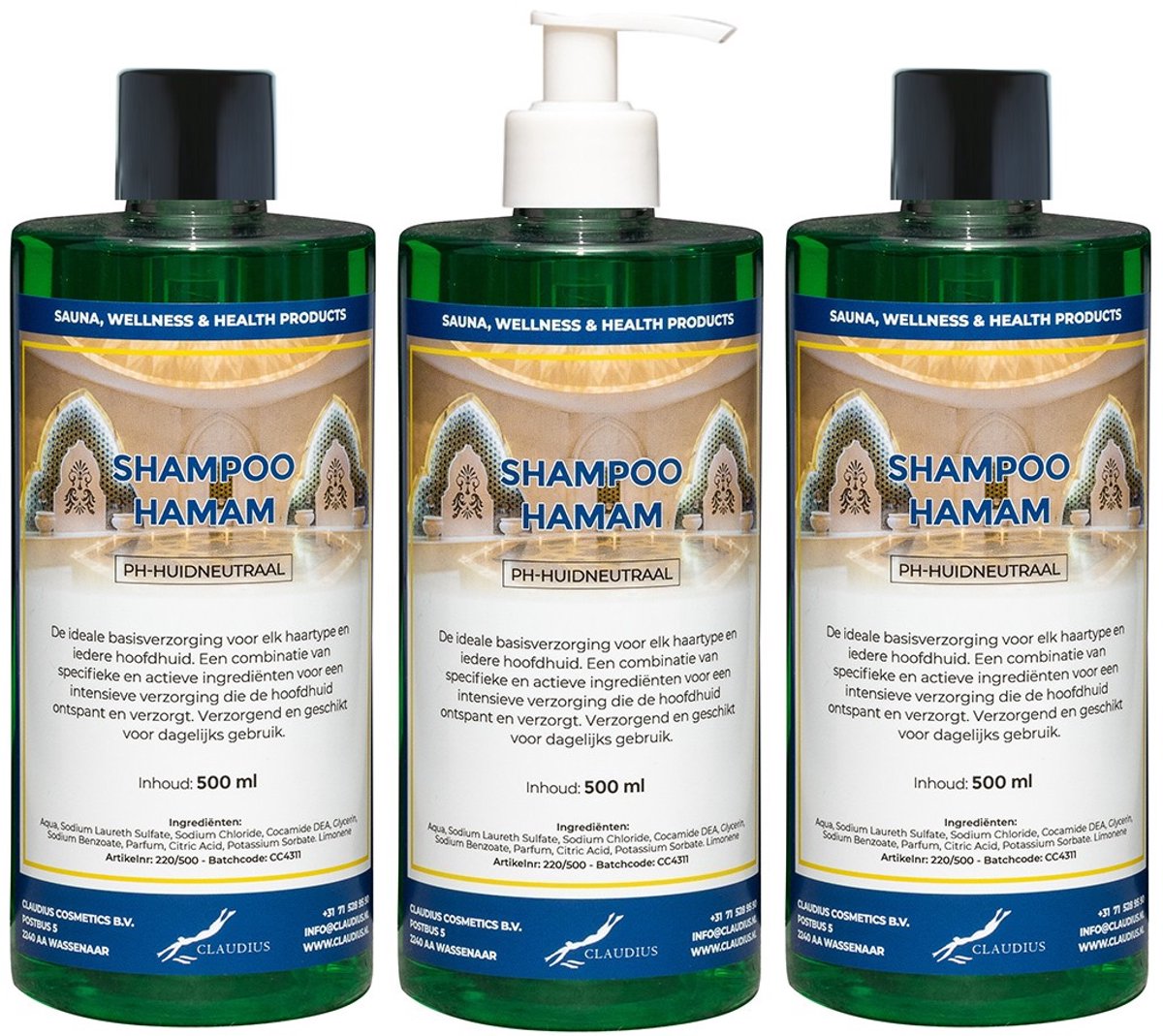 Shampoo Hamam 500 ml met witte pomp - set van 3 stuks - voordeelverpakking - haarverzorging