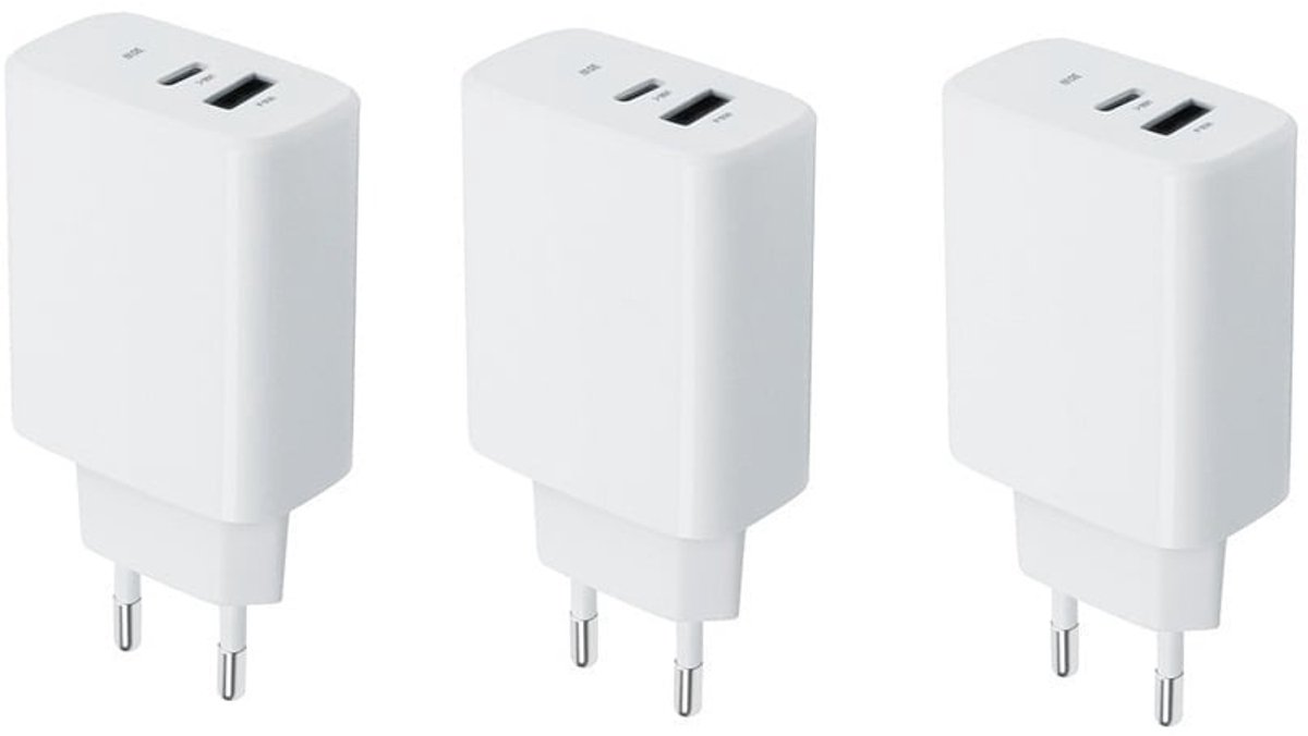 3 stuks OneOne 30W super snellader met 2 poorten. Witte oplader met USB C en USB A. PD en Quick Charge lader adapter past op JBL LIVE 300TWS, Pulse 4, Quantum 400 / 600 / 800, Quantum ONE, Reflect Mini NC, Tuner 2, Tuner XL