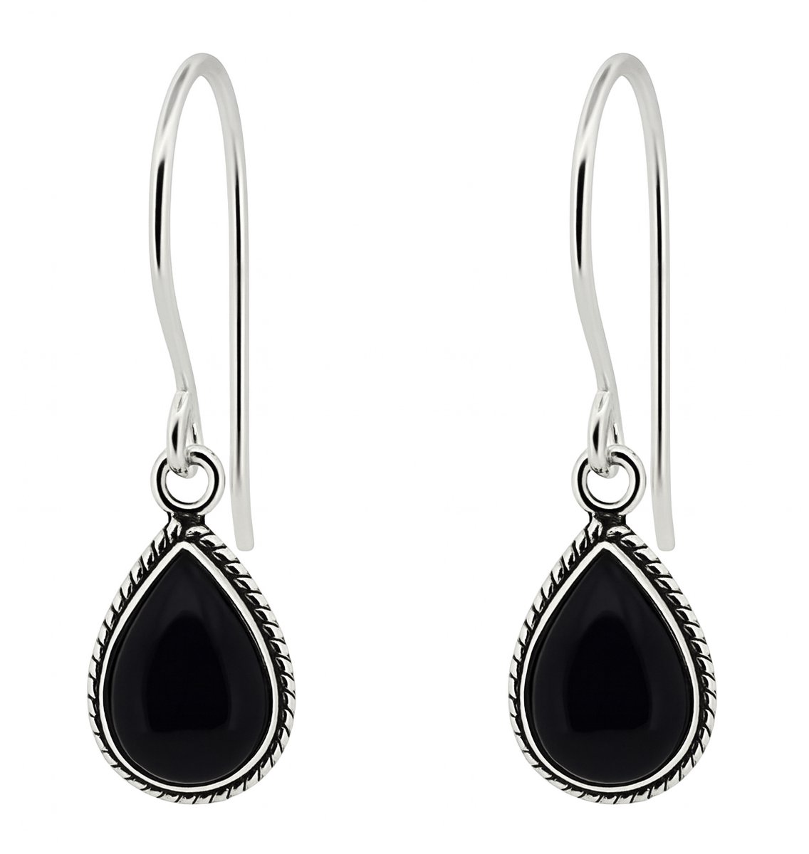 Zilveren dames oorbellen - oorhangers - kleine druppelvormige hanger - teardrop - zwart steentje