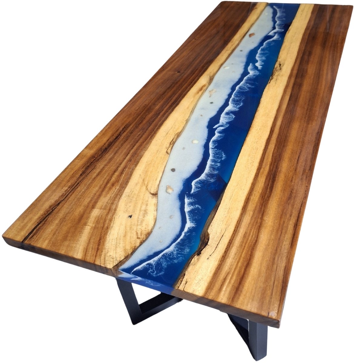 Hoexs Rivier Tafel - 200x80cm - Epoxy en Notenhout - Zee en strand - Massief - Boomstamtafel