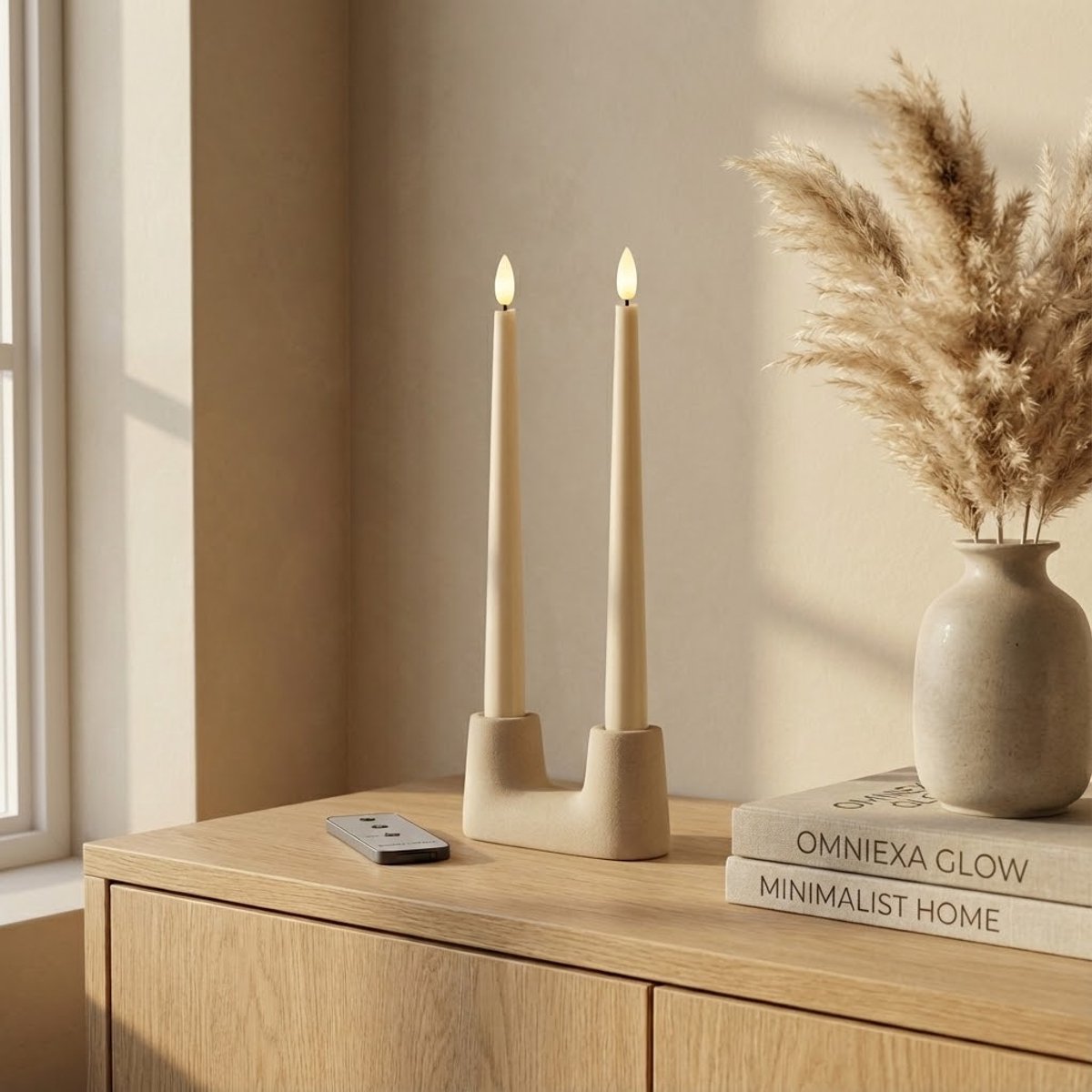 OMNIEXA LED Dinerkaarsen Set (2 Stuks) - Echte Was - Glad Design Taupe / Warm Grijs - 28 cm Lang - Met Afstandsbediening & Timer - 3D Vlam