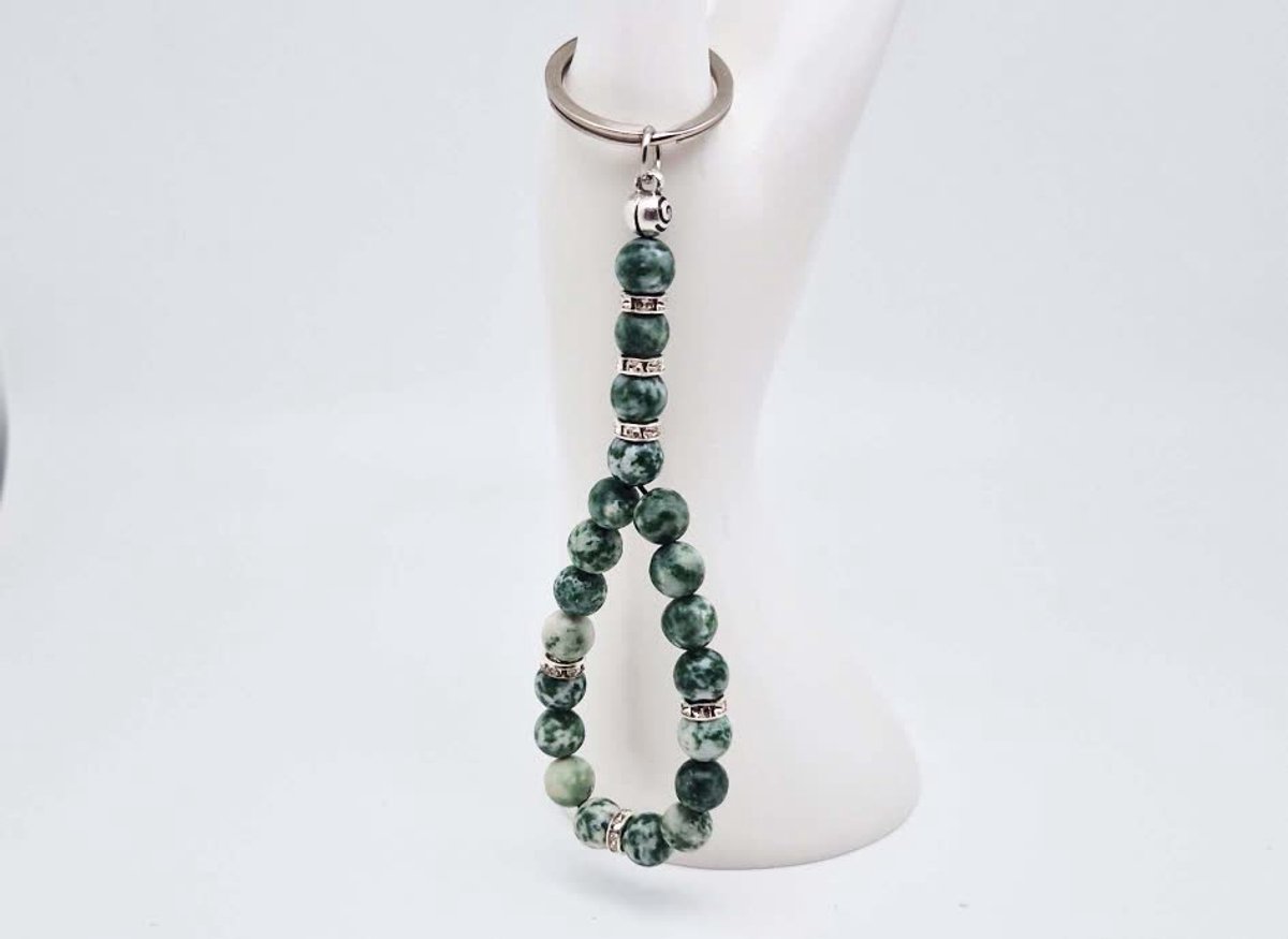 Handgemaakte Tasbih sleutelhanger van natuursteen "Qinghai Hade" en metaal - diameter kralen 8mm - Aantal stenen 20 - Een mooi cadeau-idee en een bijzonder aandenken
