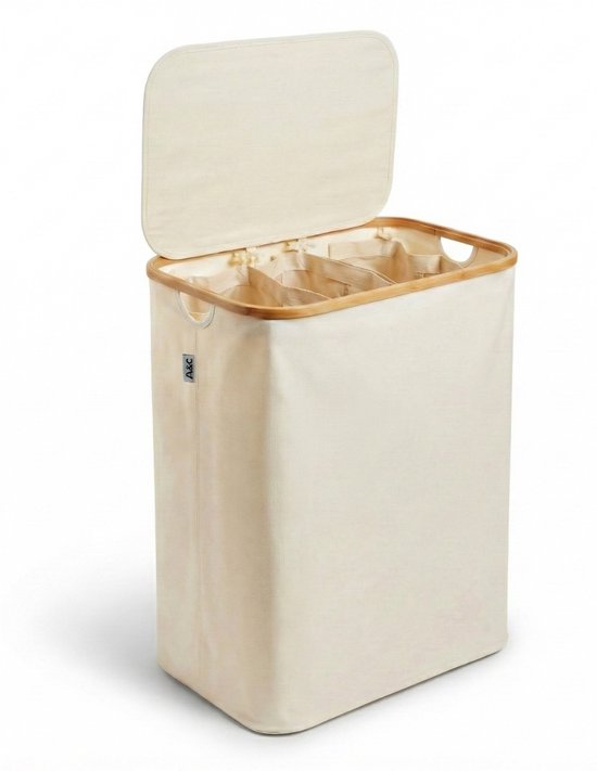 Tout & Cie. - Panier à linge - Trieur de linge - Avec 3 sacs amovibles - Bamboe - 140L - blanc cassé